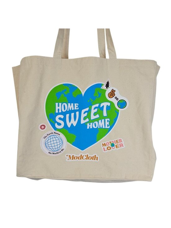 Modcloth Handbags - ModCloth Tote Bag Cream Home Sweet Home Earth Day 100% Cotton Packable Travel
